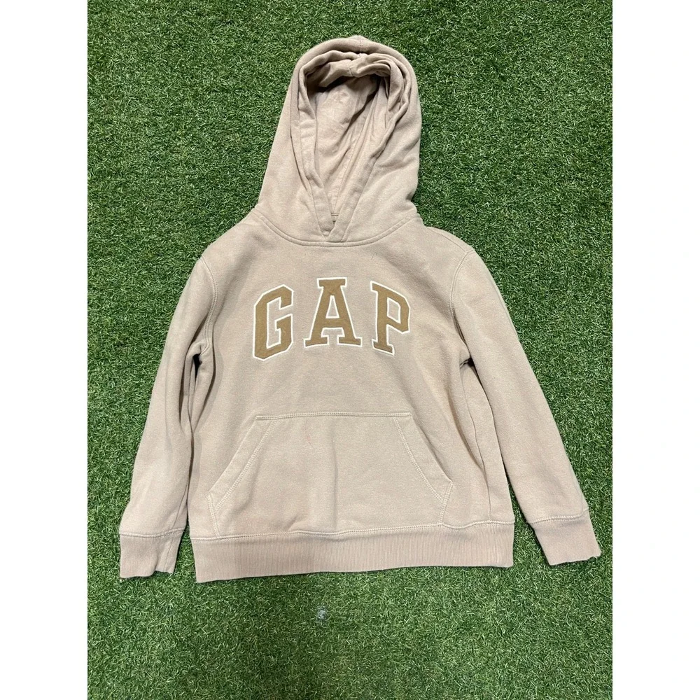 Vintage Gap Hoodie Kids Small Beige Cotton Spellout Logo Fleece Lined‎ Pullover